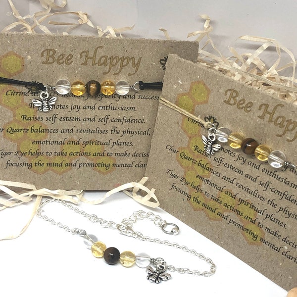 Be happy crystal bracelet, bee charm bracelet, don't worry be happy bracelet, bee beaded bracelet, cord bracelet with bee charm, bee gift