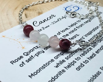 Bracelet en cristal du zodiaque Cancer, quartz rose, pierre de lune, rhodonite