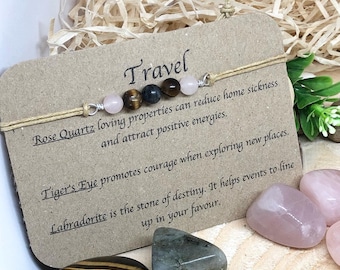 Travel Protection Crystal Bracelet, Rose Quartz, Tiger Eye, Labradorite