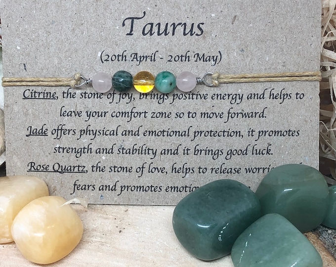 Taurus Zodiac Crystal Bracelet, Citrine Jade Rose Quartz, Handmade