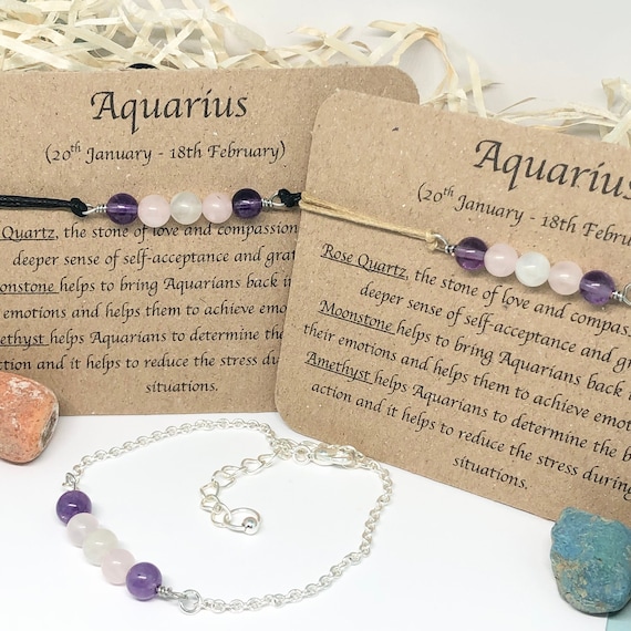 Aquarius Zodiac Crystal Bracelet - Amethyst, Moonstone, Hematite, Rose  Quartz | eBay