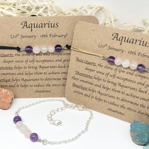 Aquarius Zodiac Crystal Bracelet - Amethyst, Moonstone, Hematite, Rose  Quartz | eBay