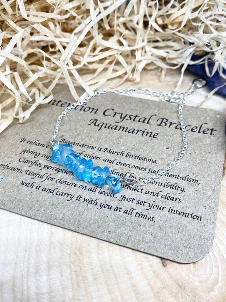 Aguamarina, piedra de tolerancia y apoyo, pulsera de intención, cristales de resolución, pulsera de cristal, cristales curativos, regalo de cristal, tobillera