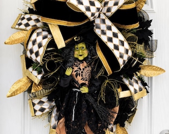 Elegant Witch Halloween Wreath: Handmade Harlequin Ribbon Door Decor