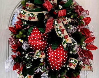 Strawberry Wreath: Summer Farmhouse Door Decor With Red & Pink Ribbons ...