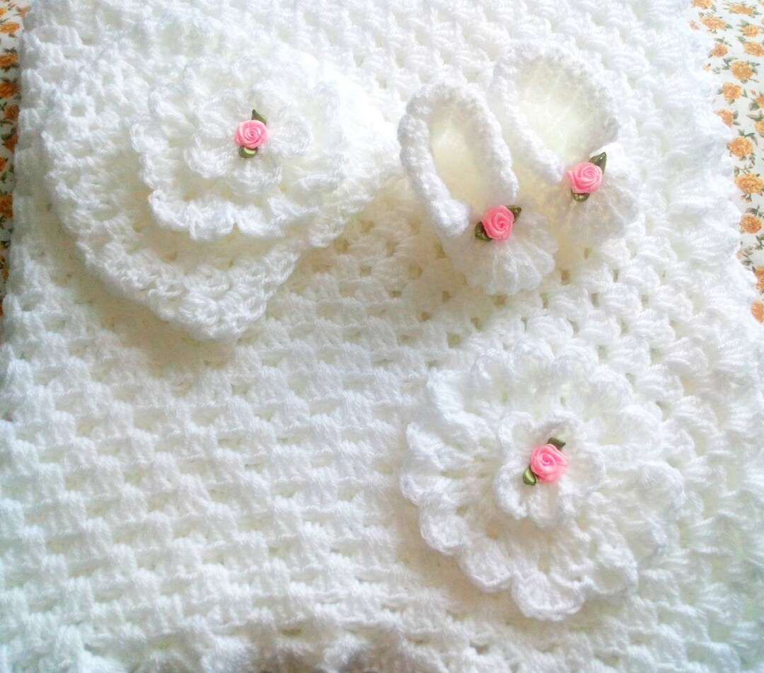 Hand Crochet Baby Blanket Hat and Bootie Set Etsy UK