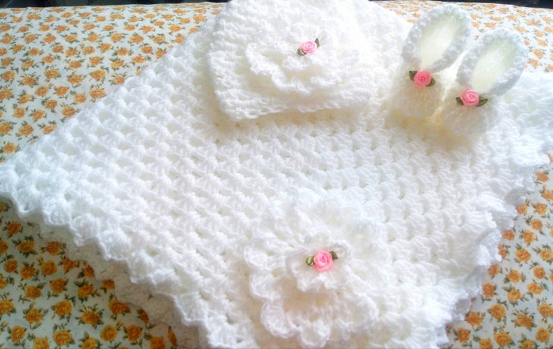 Hand Crochet Baby Blanket Hat and Bootie Set Etsy UK