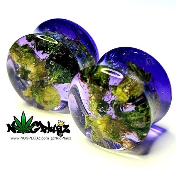 Purple Plugs, Purple Gauges, Marijuana Jewelry, Weed in Resin, UV Purple Glow, Purple Glitter Plugs