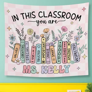 Personalized Teacher Name Classroom Banner; Groovy Custom Classroom Tapestry; Unique Decor for First Day of School, Best Gift for Teacher
