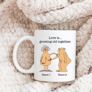 Love is Growing Old Together | Funny Couple Mug, Wife Husband Gift, Grandparents Mug, Parents Love Anniversary Gift, Personalized Names Mug