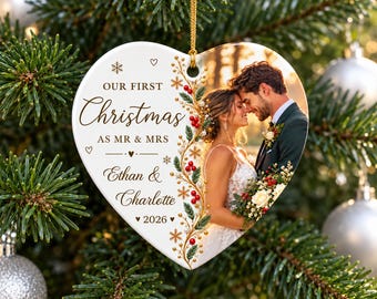 Personalized First Christmas Married Heart Ornament, Custom Photo Ceramic Ornament, Newlywed Couple Gift, Wedding Keepsake 2026