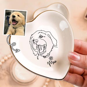 May include: Heart-shaped, off-white ceramic trinket dish with a gold rim. The dish features a black line drawing of a dog's face, a paw print, and the name "Max". A small photo of a golden retriever puppy is next to the dish.
