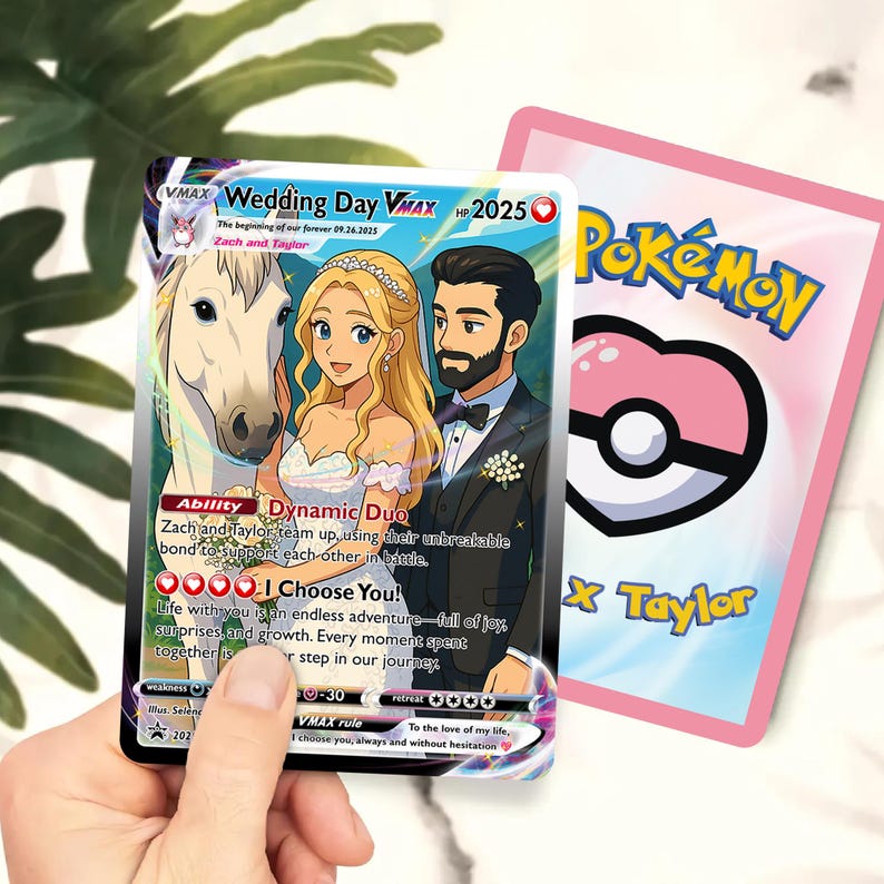 A hand holding a Pokémon wedding day V Max card, featuring a cartoon illustration of a bride and groom with a horse.
