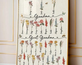 May include: Framed floral family tree art print with names and titles like "Mom," "Grandma," and "Great Grandma." The print features various flowers and names, with a gold frame. The names include Terry, Jesse, and Sophia.
