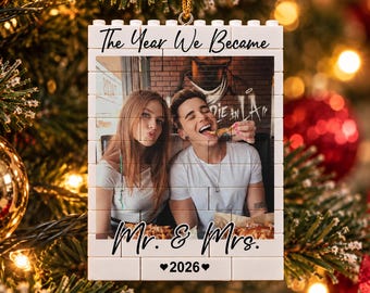 Custom Couple Photo Blocks Ornament, The Year We Became Mr & Mrs, Personalized Newlywed Christmas Keepsake, Wedding Gift