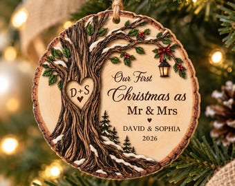 Personalized 1st Christmas As Mr & Mrs Wooden Ornament, Custom Couple Names 2 Layer Wedding Keepsake, Newlywed Christmas Gift