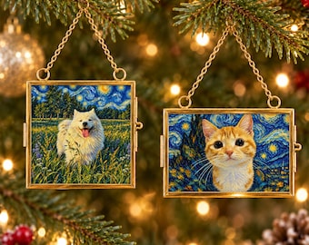 Custom Pet Portrait Art Framed Ornament, Dog Memorial Ornament, Personalized Pet Remembrance Gift for Lover, Pet Photo Christmas Ornament