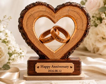 Personalized Couple Wooden Plaque, Together Forever Heart Ring 2-Layered Sign, Anniversary Wedding Gift for Her Him
