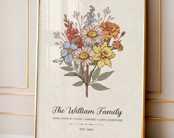 Personalized Family Birth Month Flowers Bouquet Poster; Custom Family Print Wall Art; Perfect Housewarming Gift; Family Wall Decor Christmas