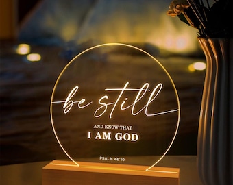 Luz nocturna con versículo bíblico personalizado: lámpara LED cristiana personalizada, regalo religioso para ella, decoración de fe, luz de las Escrituras con base de madera