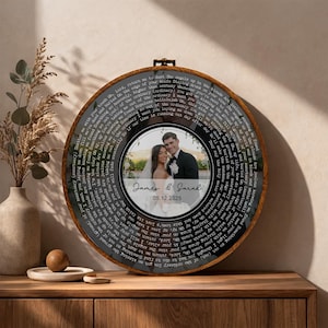 Puede incluir: Un expositor de fotos de boda redondo con marco de madera. La foto está rodeada por un diseño de letra de canción impresa. La foto presenta una pareja con los nombres "James & Sarah" y la fecha "05.12.2025".