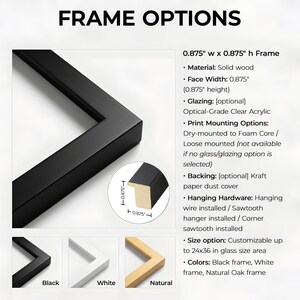 以下が含まれることがあります： 「FRAME OPTIONS」のテキストが表示されたフレームオプションの画像。画像には、黒いフレームの角、フレームの断面図、黒、白、天然オークの例が表示されています。フレームの幅と高さは2.22cmです。