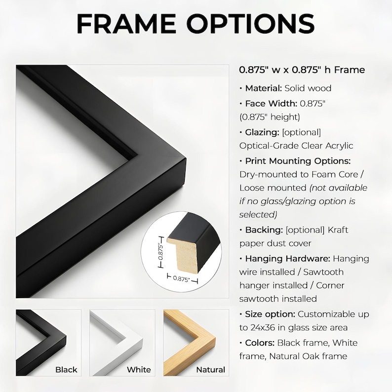 以下が含まれることがあります： 「FRAME OPTIONS」のテキストが表示されたフレームオプションの画像。画像には、黒いフレームの角、フレームの断面図、黒、白、天然オークの例が表示されています。フレームの幅と高さは2.22cmです。
