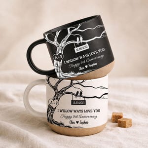 Personalized Willow Anniversary Wedding Pottery Mug Engraved, Custom 9th Anniversary Mug, 9 Years Married Willow Tree Mug Gift for Couples
