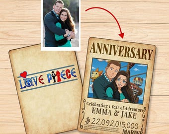 Personalized OP Couple Pirate Cards, Custom Anime Card, Anime Wanted Cartoon Art Card, Wedding Anniversary Gifts for Boyfriend