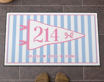 Custom Dorm Room Doormat, Personalized Room Number Pennant Flag Mat, Custom Names College Dorm Decor, Roommate Gift