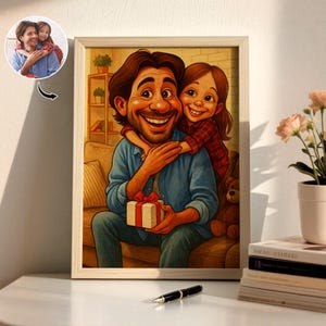 May include: A framed cartoon illustration of a father and daughter embracing. The father, in a blue shirt, holds a gift box. The daughter wears a red plaid shirt. The artwork is in a light wooden frame, set on a white surface.