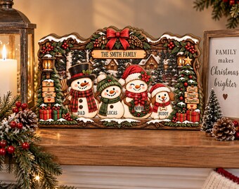 Personalized Christmas Snowman Family Sign, Custom Family Name Decor, Xmas Wooden Tabletop Frame, Cute Housewarming Gift