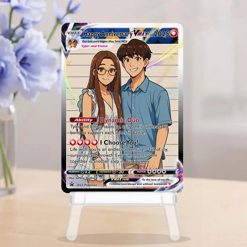 a card with a cartoon illustration of a man and a woman, along with text and a few small icons.