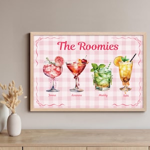 Custom Roommate Friends Drinks Print, Trendy cocktail drinks Poster, roomie gift idea, Personalized College Apartment Dorm Room Wall Art
