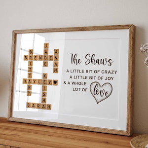 Personalized Crossword Scrabble Family Names Sign Print poster; Custom Letter Scrabble Art; Perfect Gift for Lovers, Dad, Mom, Grandparents
