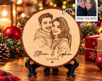 Custom Photo Engraved Wood Slice, Personalized Couple Portrait Keepsake, Rustic Christmas Decor, Anniversary Gift for Couples