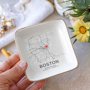 Custom Map Prints Any Location Trinket Dish, City Print Jewelry Tray, Ring Dish, Personalized Proposal Place Map Engagement Gifts For Lover