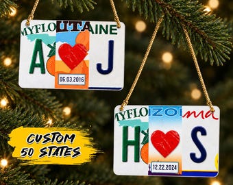 Personalized License Plate Ornament for Couples, Custom Anniversary Gift for Husband Boyfriend, Wedding Ornament, Engagement Keepsake