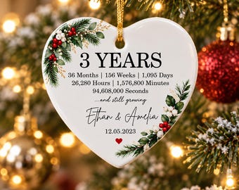 Custom 3 Years Together Heart Ornament, Personalized Couple Names Anniversary Keepsake, Ceramic Christmas Ornament, Gift for Husband Wife