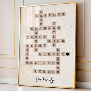 Może przedstawiać: Oprawiona grafika z imionami rodziny ułożonymi w stylu krzyżówki. Imiona są na pojedynczych kafelkach z literami, z czarnym kafelkiem w kształcie serca. Słowa "Our Family" są napisane kursywą. Rama jest złota.
