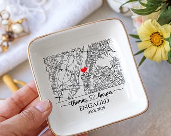 Custom Map Engaged Trinket Dish, Location Engagement Gifts For Couple Jewelry Tray, Ring Dish, Newly Engaged Ring Holder Best Gift For Lover