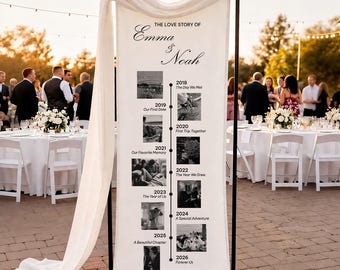 Gepersonaliseerde bruiloft tijdlijn wandtapijt, aangepast liefdesverhaal wandtapijt, herinneringsbanner verloving jubileum, aangepaste foto bruiloft decor