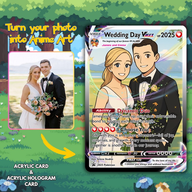 The image is an advertisement for an acrylic card and a digital artwork that can be used to create a personalized wedding day Pokémon card. The acrylic card and digital artwork are displayed side by side, with the acrylic card featuring a couple in a photograph and the digital artwork depicting a cartoon illustration of a couple.