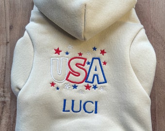 USA Patriotic - Embroidered Pet Hoodie - Personalized, Custom Name Pet Hoodie, Pet Lover Gift