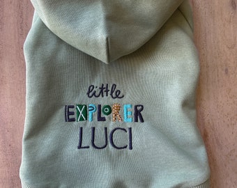 Little Explorer Mint Colour - Embroidered Pet Hoodie - Personalized - Custom Name Pet Hoodie -Pet Lover Gift