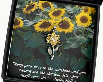 Beautiful Sunflower Necklace: Real silver, gold plating, cubic zirconia with Inspirational Message Card | Gift for Wife, Daughter, Mother