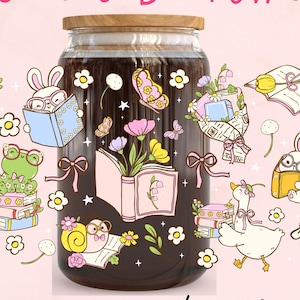 Cute Spring Reading Glass Can Wrap PNG – 16oz Bookish Libbey Cup Wrap Sublimation Design, 16oz Book Club uvdtf cup wrap png