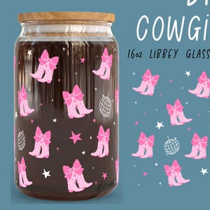 Retro Disco Cowgirl Boots Glass Can Wrap PNG | 16oz Libbey Western Wrap | Girly Glitter Cowgirl Cup Sublimation | Cute Beer Can Glass
