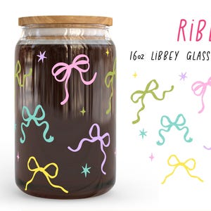 Retro Pastel Ribbon Bow Glass Can Wrap PNG SVG 16oz Libbey Girly Glass Wrap, Cute Beer Can Glass, Sublimation Glass Can Wrap