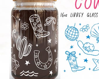 Coastal Cowgirl Can Glass Wrap SVG PNG: Girly Western Sublimation Design (16oz Libbey)